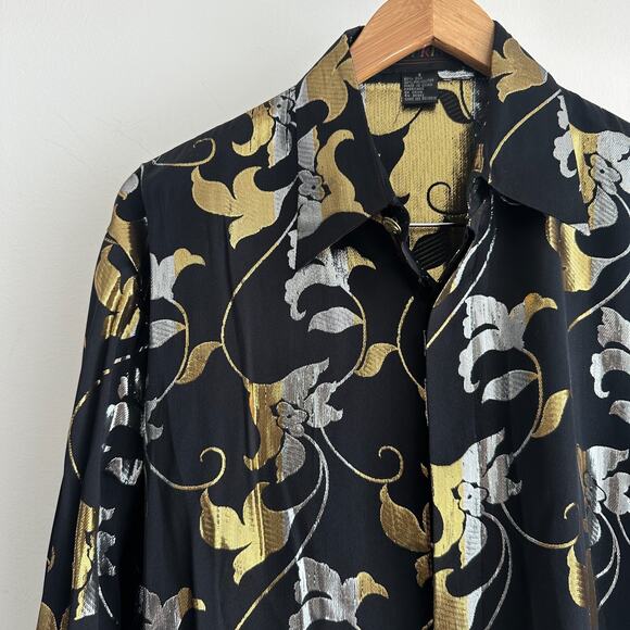 Vintage Silk Shirt Men Small Metallic Rave Disco Glam Club Baroque 90s Statement - Picture 2 of 13
